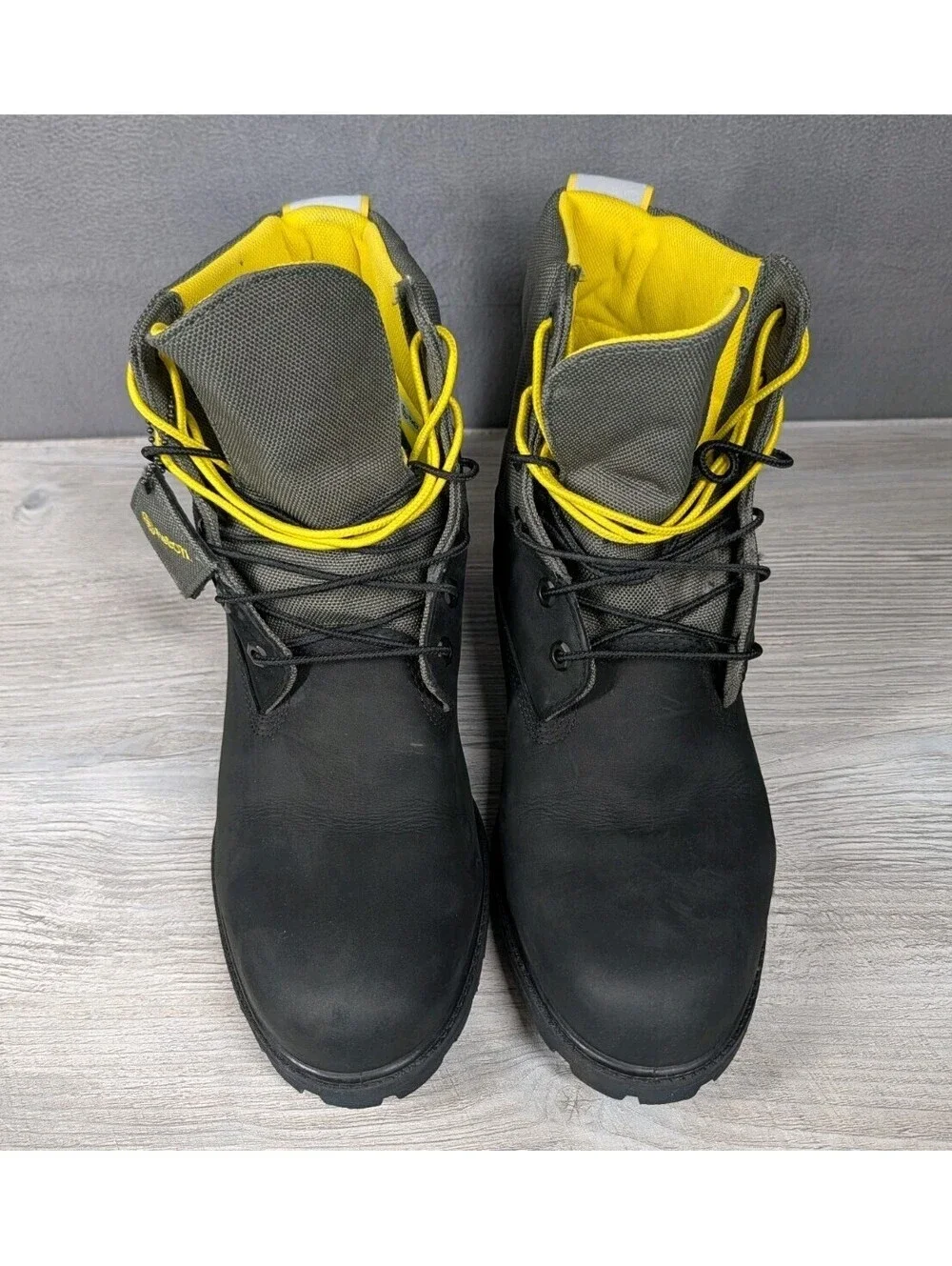 Timberland Mens 12 Black Gray Yellow Treadlight Waterproof 6in ReBOTL Work Boots